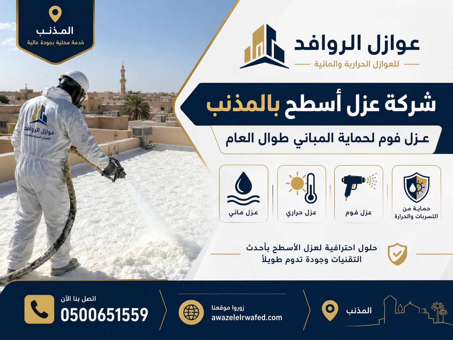 فني عزل يقوم برش فوم البولي يوريثان على سطح خرساني لمنزل سكني في أجواء نهارية بالقصيم